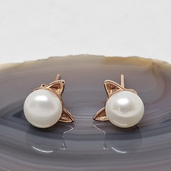925 Sterling Silver Vermeil Button Pearl Pierced Cat Earrings Studs Rose Gold - Picture 9 of 12